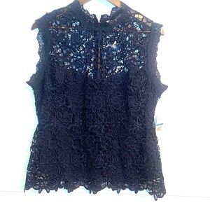 Nanette Lepore NWT Elegant Floral Lace Sleeveless Navy Blue Top Blouse